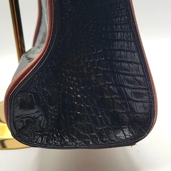 BRAHMIN Black Croc Embossed Crox Leather Shopper's Tote Cognac Leather Strap - Picture 7 of 15